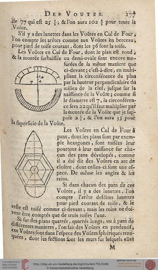 . D. E s V O U T E s: ïj$
Bc 77 qui est %$  &lon aura 102  pour toute là
Voûte.
. S'il y a des lunettes dans les Voûtés en Cul de Four ï
l'on compte les arêtes comme aux Voûtes en berceau»
pour pied de toise courant, dont les 36 font la toise.
, Les Voûtes en Çul de Four, dont le plan est rond j-
& la montée surbaissee ou demi-ovale sont encore me-
surées de la même rnaniere que
ci-devant; c'est-à-dire, en multi-
pliant la circonférence du plan
par la hauteur perpendiculaire dii
milieu de la clef, jusque sur la
naissance de la Voûte ; comme sï
le diamètre est 7, la circonféren-
ce sera 2 2 qu'il faut multiplier par
la montée de la Voûte que je sup*
-, , pose 2' £•, & Ton aura 5 j: pouir
*a Supersicie de la Voûte.
Les Voûtes en Cul de Four à
pans,, dont les plans sont par exem-
ple hexagones, sont toisées leur
pourtour à leur naissance sur cha-
cun des pans dévelopés , comme
il a été dit des Voûtes en arc dé
cloître , dont celles-cl sont une es-
pece. De même les angles & les
reins.
. Si dans chacun des pans de ceè
Voûtés, il y a des lunettes, l'on
compte l'arête desdites lunettes
• À ' pour pied courant de toise, & lé
eue est toise comme ci-devant ; mais ies reins nedoi-
' eilt.etre comptés que de trois toisçs l'uns.
èff' ^^es plans quarrés, quarrés longs, ou à pans dé
'«erentes manières, l'on fait des Voûtes en pendentif,
. s V oûtes sont dans l'espece des Voûtes sphériques trBà»
" ees » dont les seétions siant les murs sur lesquels eileé
M
 