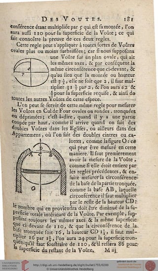 Des Voiîtbs. i£t
«onférence étant multipliée par y qui est sa montée, l'on
aura aussi no pour la superficie de la Voûte; ce qui
«it connoître la preuve de ces deux règles.
Cette règle peut s'appliquer à toutes sortes de Voûtes
ovales plus ou moins surbaisssées ; car si nous supposons.
une Voûte sur un plan ovale, qui aie
les mêmes axes, & par conséquent la.
même circonsérence que ci-devant, &
qu'au lieu que la montée ou hauteur
est 3 |, elle ne (bit q.ue 2 , il faut mul-
tiplier S1 7 Par 2 ' & P°n aura ^2 &
s pour la superficie requise, & ainsi do
toutes les autres Voûtes de cette espece.
L'on peut se seryirde cette.même règle pour mesurer
*es Voûtes en Cul de Four ovales ou rondes • tronquées.
eU. déprimées;, c'est-à-dire, quand il y a une partie
Coupée par haut, comme il arrive quand on fait des.
doubles Voûtes dans les Eglises, ou ailleurs dans des
^Ppartemens, où l'on fait des doubles cintres ou ca,-
lottes, comme la figure O : ce
qui peut être mesuré en cette
manière. 11 faut premièrement
avoir la mesure de la Voûte ,.
comme si elle étoit entière pat
les règles précédentes, & en?-
suite mesurer la circonférence-P
% de la base de la partie tronquée,
^ comme la basè AB , laquelle
circonférence il faut multiplier
par le reste de la hauteur CD :
nombre qui en proviendra doit être diminué de lasu~
Perficie totale'intérieurë de là Voûte. Par exemple, sup-
P°sant toujours les mêmes axes & la même superficie.
SUe ci-devant de iio.,. & que la circonférence de., bu.
«ç tronquée Toit 16, la hauteur CD ij, il faut mul-
pher 16 par i^, l'on aura 24 pour la superficie. tron?
3^-qu'ii- fautibûstraire de-11.0 , & il restera 86 pour,-
R «perfide du restam de. la Voûte,, M iij.
 