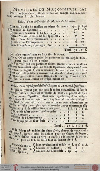 Mémoires de Maçonnerie. 167
Pour transport d'une toise de moilon on compte ordinairement
^ncj voitures à trois chevaux.
Détail d'une toise cube de Moilon de Meulière.
Une toise cube de moilon ou pierre de meulière que je sup-
f°sè rendue au bâtiment ........ 40 1 o F.
Dixminots de chaux à 14 s. . . . . .' • **- O
Main-d'œuvre le huitième de l'épaisTeur . . • 9 o
Sable, deux forts tombereaux..... 4 °
Bénéfice de l'Entrepreneur...... 6 10
Pour sa conduite, épuipages, &c. .... 3 ï
Total 74 l.ij G
.^é qu'on peut estimer 10 à 11 sols le pouce,
j, Nota. On ne compte point de parement au moilon] de Meu-
ete<-parce qu'il n'y en a point.
., si l'on veut que ces paremens soient propres, on les ravale en
J^tteou en mtortier, que l'on compte séparément chaque côté pour
quart de légers. Si ces ravalemens se font en mortier il faut
csttant S"'1 ^ possîble Y envoyer du sable de rivière ; parce qu'il
^."îoins gras que le sable terrein, & qu'il gerse moins. On
0lt faire ces ravalemens en crépis moucheté
détail d'une toisesupersiciellede Briques de qpouces d'épaijseur.
* ** Brique n'étant pas par tout de même échantillon , il faut la
v Pposer mise en place de 8 pouces de long, 2, pouces de haut
3, 4 pouces d'épaisseur. Dans cette (upposition, il en faudroit
J).+: mais il faut un quart ou cinquième de mortier; alors il
«lomk °'c ^ue 1^° '' ma*s commc on ne Peuc dérerminer ce
îri au 'ustc' non Plus 1UC le Mr,itt> nous admettrons z8o
5Ue.s à 30 1. le millier font à peu près . . 8 1. ro s. o d.
eux pieds cubes ou environ de mortier . . o 10 o
£,a'n-d'œuvre .......... s 3 o o
j^iéfîcc de l'Entrepreneur ...... z o o
°Ut équipages & saux frais ..... 1 o o
— 11. m
. Total . . ij 1. o s. o d»
cst ' Brique est enduite des denx côtés, chacun de ces enduits
fc P^Pté, sçavoir celui du dedans pour un sixiéme de légers,
t£t Ul du dehors pour un tiers , à cause de la charge 8c des ar-t
> au prix de 8 I. la toise font la somme de 4 L
rjotal de la Brique Ç Sans ravalement ni enduit Ij 1. o s. o d.
.Ul*»Qt les prix ci  Etuillite en dedans . . 16 6 8
™*tt seavoir * C^n^w des deux côtés . ig Q Q
 