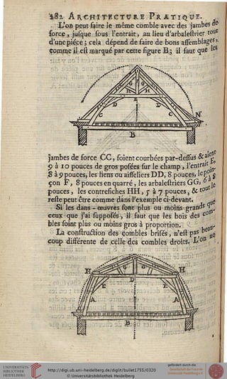 %È% Architecture Pratique.
I/oss peut faire le même comble avec des jambes ss
sorce, jusque sous l'entrait, au lieu d'arbalestrier t°ut
d'une pièce ; cela dépend de saire de bons assemblage^-
comme il est marqué par cette figure Bj il faut que *®
ïambes de force CC, soient courbées par-defîûs ôcf ^
■  i /-//-, i u—...ait •>*
j) à 10 pouces de gros posées sur le champ, l'entrai •
,25 à p pouces, les liens ou aisseliers DD, 8 pouces, leR, g
çon F, 8 pouces en quarré, les arbalestriers GGj ô je
pouces, les contrefiches HH, $ à 7 pouces, & toU
reste peut être comme dans l'exemple ci-devant. 0g
Si les dans-œuvres sont plus ou moins grands H
ceux que sai suppôsés-, il faut que les bois des c°
blés soint plus ou moins gros à proportion. . $,
La conslruétion des combles brisés, n'est pas be^
coup différente de celle des combles droits, h0^ ;.
 