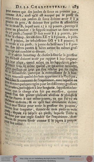 < JPjE;.£A Cfi[AB.PENî¥JMïv
peut mettre que des jambes de force au premier pan ,;
c°miîie ÀA, ainfî qu'il elï marqué par Je profil de.
cette ferme ; ces jambes de force doivent avoir 8 à 9,
Pouces de gros, & doivent être posées & assemblées
Ur le tirant B, lequel aura 1 $ à 15? pouces, parcequ'il
P°rte un plancher : je fuppose toujours un dans-œuvre
j.P27 pieds ; l'entrait D doit avoir 8 à 9 pouces, po-
e,Ur le champ, les aissëliers EE 7 à 8 pouces, lepoin-
?°n 8 poutes, les "arbalestriers GG 7 à 8 pouces; si
travée -'aria pieds, la panne du'brifé aura 7 à 8 pou-
;s- tes Smres pannes & faîtes auront les mêmes gros-
u^ qû'ayx comblés ci-devant, ' : '
A| "V aaroit beaucoup de choses à dire sur la grosseur
j ^ 'eS-bois- doivent avoir par rapport à leur longueur
îP jw Hsage.,.quand même ou les supposeroit géssé-
£ .^.ént tous dg même qualité, cequiarrive rarement.
Jp tte question ne peut pas être/résolue par les régies
j. *a Géométrie rparceque la cohnohTance de la bon-
av°u mauvaise qualité des bois appartient à la Fhysiqùë V
pg/1^ faut £è. contenter de l'expérience, avec laquelle oa
j donner quelques règles pour les différentes grossèure
^o'^°^res*paÉ'raprkiMàleurlongueur, suppoïantLnéan-
s que la charge n'en soit pas exçessive, comme
. l'on sait porter plusieursï)cl6îsons & planchers
pj^/.1'Vautre à ussé même poutre, ce que j'ai vu en
fejCf^8 endroits, & ce qu'il saut absolument éviter,
st,^1 y ne-Table pour avoir la grosseur des poutres/
pite}11' h»p longueur , donnée de trois pieds en trois
&iç'. deP«i5>2 jusqu'à 42 pieds, laquelle Table a,
c^ç*lte par une règle fondée sur l'expérience,;dont
poUr sn ^ pourra fèrvi.r comme il le jugera à propos
;;■;•-0nutiihé» -
l-u» si,..
 