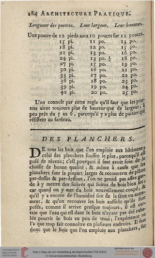 'i&f Architecture Pratique*
Longueur des s outrer... Leur largeur.. LeurhauteUs'-
Une poutre de. 12 pieds, aura, 10 poucessur.12 pouces-
xy pi. 11 po., 13 po.
j8 pi. 12 po. iy po-
21 pi. 13 po. 16. po.
24. pi. .13 po.  z8 p°-
27 pi. iy po. ip po.
30 pi. 16 po. 21 po.
33 pi.. 17 po......22 po-
35 pi. 18 po. 23 pO'
39 pi. 15» po. 24 p°*
42 pi.. 20 po.. 2J po«
L'on connoît par' cette règle qu'il saut que les poU£
très aient toujours plus de hauteur que de largeur»
peu près du y au 6, parcequ'il y a plus de parties 9.
résutent au fardeau.
DES PL A N C H E R S.
TPvE tous les bois que l'on emploie aux bâtiinenS/i
JLx celui des planchers souffre le plus, parcequ >' e.
posé de niveau; ç'est pourquoi il saut avoir soin &c. $
choisir de bonne qualité ; & même à cause <lu^irC
planchers sont la plupart larges & recouverts de p*a
par-deflus & par-dessbus , l'on ne prend pas A^eZsc-
de à y mettre des solives qui foient de bois bien/ ^
car quand on y met du bois nouvellement coupe>
qu'il y a encore de l'humidité soit de la sève °u aUL)t
ment, & qu?on recouvre les bois auflîtôt qu'^ .t,
posés, comme il arrive prefque toujours, il e" ^y
tain que l'eau qui est dans le bois n'ayant pas été e ^
lée pourrit le bois en peu de tems; l'expérienc £
l'a que trop fait connoître en plusieurs endroits. * ^
donc que le bois que l'on emploie aux planchers}
 
