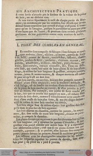 3 I 0 ARCHITECTURE P R A s I QUE.
ii cette levée n'excède pas le sixiéme de la valeur de la.piecst
de bois , on ne déduira rien. •
Je vais traiter séparément le toisé de chaque partie du Bâti-
ïiient, en commençant par les combles. Les détails que jevai*
donner feront connoître que ce toisé d'usage n'est point si trom-
peur qu'on se l'imagine , puisque le particulier ne paye pas plu* "
d'une façon que de l'autre ; & pourront faire revenir pluGeur*
personnes de leur prévention contre cette manière de tqisesv
I. TOISE' DES COMBLES- EN-GENERAL. '
LEs combles sontcomposés de faîtages (sous-faîtages en que''*'
que s endroits ) liens , esseliers , poinçons, pannes de bres}'
( oii brisé } pannes de devers , contresiches , tasseaux , chanti-*
ghblles, jambes de force , jambettes , chevrons , coyaux , en**
panons , arbalétriers , arrêtiers , blochets , platte-formes , en-
traits , sous-entraits, entraits retroussés, &c. Tous ces difre-
réns bois , qui tirent leur nom de leurs places & de leur assesî1*'
blage , setoisentsur leur longueur & grosseur, compris portées*
tenons , joints & recouvremens, & chaque morceau est calcu-
lé pour ce" qu'il est ou doit être. ,.
Les bois cintrés, ou courbes, doivent être comptés cornrne*P
étoierit avant d'être employés ; mais la meilleure méthode, *" ■
c*est l'iisage , est de bander un cordeau d'une extrémité à l'autff
de la pièce (Je bois courbe ou cintrée, & d'en prendre la gr°
seur au milieu. Par exemple , une jambe de force courbe pa' :
le bas , soit que ce courbe soit naturel ou non , est réduite dass*
un cube de bois droit, comme si véritablement cette courbe eu*
sorti d'une malle de bois plus forte, & eut été élégie dedans "
ai.nsi de même de tous bois courbes ou cintrés, A
'Les bois élégis sont de même espece : leur grosseur doit et/'
prise dans le plus sort du bois apparent.
Les bois abattus en chamfrin, comme les pannes , les empa.'2
lions , &c. sont toisés de toute leur longueur, chacun.en par*
culier,y compris le chamfrin. ,,
Les platte-formes qui reçoivent le pas des chevrons sont toi'ee '
de"leur longueur , en y ajoutant les queues d'hirondes, & je ■'
grosseur s'en prend comme aux autres bois. Il y a cependa ^
une observation à faire; c'est que si ces platte-formes ont P
exemple, 4pouces  & iz pouces, elles doivent être c0.inPt<L>
pour j.pouces suivant les premier, sécond & troisiérne Br'nv1^|â,
Les tasseaux avec les chantignolles attachées sur les arba;
tri'érs sur lesquelles reposent les pannes de de.vÇKj sonI e -
luispour | de pièce ou 1 pied 6 pouces»/
 