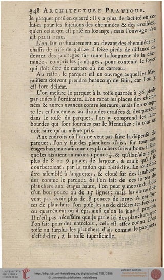348 Architecture Pratique..
le parquet posé en quarré : il y a plus de facilité en ce-
lui-ci pour les sujétions des cheminées & des croiie^'
qu'en celui qui est posé en lozange , mais l'ouvrage nf
est pas il beau.
L'on fait ordinairement au-devant des cheminées u
chassîs de frite de quinze à seize pieds de distanee d
devant des jambages sur toute la longueur de la <-he'
minée , compris les jambages , pour contenir le i°J
qui doit être de marbre ou de carreau. . £
Au reste , le parquet est un ouvrage auquel les A»
nuisiers doivent prendre beaucoup de soin, car l'°n '•'
est fort délicat. . " ■ , %
L'on mesure le parquet à la toise quarrée à $6 Pie ■
par toises à l'ordinaire. L'on rabat les places des che
nées & autres avances contre les murs ; mais l'on coss>P
te les enfoncemens au droit des croisées & desp.°rt
dans le toisé du parquet, l'on y comprend les *â
bourdes qui sont fournies par le Menuisier ; le t°ut
doit faire qu'un même prix. ^
Aux endroits où l'on ne veut pas faire la dépend ^
parquet, l'on y fait des planchers d'ais, sur tout
étages bas ; mais afin que ces.planchers soient bonSj " $
que les ais aient au moins i pouce i-, & qu'ils n'aient Pj.g
plus de 8 ou Q pouces de largeur, à cause <lu *Ljt
courberoient) par la raison qui a été dite. Le tout .
être assemblé à languettes, & cloué sur des hmo° fc
des comme le parquet. Si l'on fait de ces sortes
planchers aux étages hauts, l'on peut y mettre "u.^
"Von1"
d'un bon pouce ou de 15* lignes; mais les aisnJ
vent pas avoir plus de 8 pouces de large. A. ce
tes de planchers l'on pose les ais de différentes 'a^'o5l
ou quairément ou à épi, ainsi qu'on le juge à Pr <^
Il n'est pas nécessàire que je parle ici des plancher s
l'on fait pour des entrcsols , cela est asTez connu-
toise au surplus les planchers d'ais comme le Parq
c'est à-dire, à la toise superficielle.
 