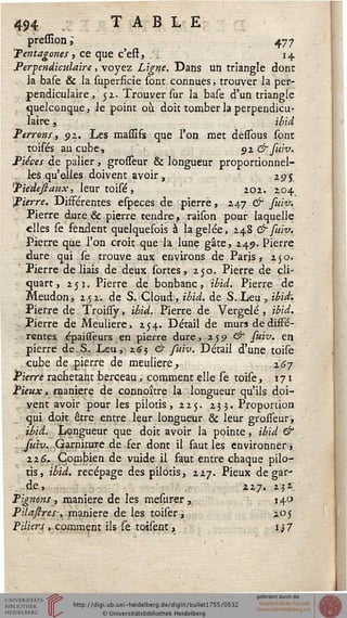 494 TABLE
pression ; 47 7
"Pentagones, ce que c'est, .. 14.
Perpendiculaire, voyez Ligne. Dans un triangle dont
la base & la superficie sont connues, trouver la per-
pendiculaire , 52. Trouver sur la base d'un triangle
quelconque, le point où doit tomber la perpendicu-
laire 9 ibid
Perrons, 92. Les massifs que l'on met dessbus sont
toisés au cube, 91 & suiv.
Pièces de palier, grosseur & longueur proportionnel-
. les qu'elles doivent avoir, : 29$
Piedessaux, leur toisé, 202. 204
Pierre. Différentes especes de pierre, 247 & fuiv.
Pierre dure & pierre tendre, raison pour laquelle
elles se fendent quelquefois à la gelée, 248 & fuiv.
Pierre que l'on croit que la lune gâte, 249. Pierre
dure qui se trouve aux environs de Paris, 250.
Pierre déliais de deux sortes, 250. Pierre de cli-
quart, 251. Pierre de bonbanc, ibid. Pierre de
Meudon, 252. de S. Cloud, ibid. de S. Leu , ibid.
Pierre de Troissy, ibid. Pierre de Vergelé , ibid.
Pierre de Meulière, 254. Détail de murs de diffé-
rentes épaisseurs en pierre dure, 159 & suiv. en
pierre de S. Leu, 263 & suiv. Détail d'une toise
cube de pierre de meulière, 167
Pierre rachetant berceau, comment elle se toise, 171
Pieux, manière de connoître la longueur qu'ils doi-
vent avoir pour les pilotis, 225. 233. Proportion
qui doit être entre leur longueur & leur grosseur,
ibid. ^Longueur que doit avoir la pointe, ibid &
suiv. Garniture de fer dont il saut les environner,
116. Combien de vuide il faut entre chaque pilo-
tis, ibid. recépage des pilotis, 227. Pieux de gar-
de , 227. 231
Pignons , manière de les mesurer ^ 140
Pilassres, manière de les toiser, 205
Piliers , comment ils- sé toisent, 1} 7
 