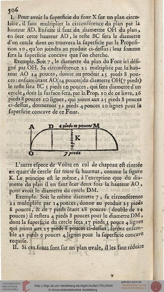 506
I. Pour avoir la superficie du four X sur un plan circu-
laire, il faut multiplier la circonférence du plan par la
hauteur AD. Ensuite il faut du diamettre OH du plan,
en ôter cette hauteur AD , le reste BC sera le diamètre
d'un cercle dont on trouvera la superficie par la Proposi-
tion i o, qu'on joindra au produit ci-dessus ; leur samme
sera la superficie concave que l'on cherche.
Exemple. Soit 7, le diamètre du plan du Four ici dési-
gné par OH. Sa circonférence %- multipliée par la hau-
teur AO 14 pouces, donne au produit 25 pieds 8 pou-
ces : ensuite ôtant AO(i4 pouces)du diamètre OH(/ pieds)-
le reste sera BC 5 pieds 10 pouces, qui sera diamètre d'un
cercle $ dont la suiface sera, par la Prop. 1 o de ce livre, 2.6
pieds 8 pouces 10 lignes, qui joints aux 15 pieds 8 pouces
ci-dessus, donneront 51 pieds 4 pouces 1 o lignes pour Iz
superficie concave de ce Four.
4 pîeJs 10 pouestf 3Vt
&.
*
r^O j7/'i«els
L'autre éspece de Voûte en cul de chapeau est cintrée
en quart de cercle sur toute sa hauteur, comme la figure
K. Le, principe est le même, à l'exception -que du dia-
mètre du plan il en faut ôter deux fois la hauteur AO,
pour avoir le diamètre du cercle DM.
Exemple. Soit le même diamètre 7 , sa circonférence
ii multipliée par 14 pouces, donne au produit 15 pieds
8 pouces, & de 7 pieds ôtant 28 pouces (double de 14
pouces) il restera 4 pieds 8 pouces pour le diamètre DM,
dont la superficie du cercle sera 17 pieds.i. pouce 4 lignes
qui joints aux 15 pieds 8 pouces ci-dessus, feront ensem-
ble 41 pieds 9 pouces 4.ligries pour la superficie concave
requise. [
IL Si ces.fout5 sont sur un plan ovale, il les faut réduire
 