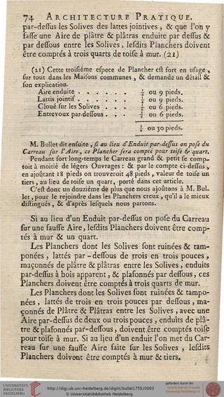 74 Architecture Pratique.
par-dessus les Solives des lattes jointives , & que l'on y
fasse une Aire de plâtre & plâtras enduite par dessus &
par dessbus entre les Solives, lesdits Planchers doivent
être comptés à trois quarts de toise à mur. (21)
(11) Cette troisiéme espe-ce Je Plancher est fort en usage ,
sur tout dans les Maisons communes , & demande un détail &
son explication.
Aire enduite ...... i ou 9 pieds.
Lattis jointif...... j- ou 9 pieds.
Cloué sur les Solives ... £ ou 6 pieds.
Entrevoux par-dessous ... -| ou 6 pieds.
£ ou 30 pieds.
M. Bullet dit ensuite ,si au lieu £Enduit par-dessus on pofe du
Carreau sur l'Aire, ce Plancher fera compté pour toise &• quart.
Pendant fort long-temps le Carreau grand Se. petit se comp-
toit à moitié de légers Ouvrages : Se par le compte ci-dessus ,•
en ajoutant 18 pieds on trouveroit 48 pieds, valeur de toise un
tiers, au lieu de toise un quart, porté dans cet article.
C'est donc un douzième de plus que nous ajoutons à M. Bul-
let 3 pour le rejoindre dans les Planchers creux , qu'il a le mieux
distingués, Se d'après lesquels nous partons.
Si au lieu d'un Enduit par-dessus on pose du Carreau
sur une fausse Aire, lesdits Planchers doivent être comp-
tés à mur & un quart.
Les Planchers dont les Solives sont ruinées & tam-
ponées , lattes par-dessous de .trois en trois pouces ,
maçonnés de plâtre & plâtras entre les Solives, enduits
par-dessus à bois apparent, & plafonnés par dessous, ces
Planchers doivent être comptés à trois quarts de mur.
Les Planchers dont les Solives sont ruinées & tampo-
nées , lattes de trois en trois pouces par dessous, ma-
çonnés de Plâtre & Plâtras entre les Solives , avec une
Aire par-dessus de deux ou trois pouces , enduits de plâ-
tre & plafonnés par-dessous, doivent.être comptés toise
pour toise à mur. Si au lieu d'un enduit l'on met du Car-
reau sur une fausse Aire faite sur les Solives , lesdits
Planchers doivent être comptés à mur & tiers.
 