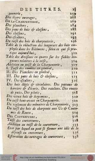 DESTITUES. xj
çonnerie, 159
Des légers ouvrages, 268
De la Charpenterie , »^9
Des planchers, 184
Des pans de bois & cloisons , 188
$ês cloifons, 191
Des efcaliers y 293
D» /<?//? <sfej ^/x de charpenterie, i$<>
T<^/e de la réduction des longueurs des bois em-
ployés dans les Bâtimens , félon ce qui se pra-
tique aujourd'hui s 300
Table des divijîons en quarts sur les soibles lon-
gueurs relatives a la toife , 304
Addition au toifé de la Charpenterie , 307
I, "Toisé des combles en général, 310.
II, Des Planchers en général, 311
III, Des pans de bois & cloifons, 315
IV, Des escaliers , 316
Des bois élégis & circulaires. Des poteaux de
barrière & ctécurie. Des râteliers. Des remets
de puits Des pilotis, 318
Des vieux bois ejr étayemens, 310
Du toisé bout-avant en Charpenterie. 32*
Du règlement des mémoires de Charpenterie, 313
Du toifé des bois de charpente aux Us & Coutu-
mes de Rouen , 3 24
Des Couvertures » 3 z<*
loise des couvertures, 3Z^
Addition au toisé de la couverture, 333
Etat far lequel on petit se sormer une idée de la
dépense en couverture , 3 3^
}£>jjtimâxfan des ouvrages; de couverture , 338
 