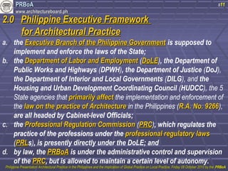 PPRRBBooAA 
wwwwww..aarrcchhiitteeccttuurreebbooaarrdd..pphh 
22..00 PPhhiilliippppiinnee EExxeeccuuttiivvee FFrraammeewwoorrkk 
ffoorr AArrcchhiitteeccttuurraall PPrraaccttiiccee 
a. the EExxeeccuuttiivvee BBrraanncchh ooff tthhee PPhhiilliippppiinnee GGoovveerrnnmmeenntt is supposed to 
implement and enforce the laws of the State; 
b. the DDeeppaarrttmmeenntt ooff LLaabboorr aanndd EEmmppllooyymmeenntt (DDooLLEE), the Department of 
s11 
Public Works and Highways (DPWH), the Department of Justice (DoJ), 
the Department of Interior and Local Governments (DILG), and the 
Housing and Urban Development Coordinating Council (HUDCC), the 5 
State agencies that pprriimmaarriillyy aaffffeecctt the implementation and enforcement of 
the llaaww oonn tthhee pprraaccttiiccee ooff AArrcchhiitteeccttuurree in the Philippines (RR..AA.. NNoo.. 99226666), 
are all headed by Cabinet-level Officials; 
c. the PPrrooffeessssiioonnaall RReegguullaattiioonn CCoommmmiissssiioonn (PPRRCC), which regulates the 
practice of the professions under the pprrooffeessssiioonnaall rreegguullaattoorryy llaawwss 
(PPRRLLs), is presently directly under the DoLE; and 
d. by law, the PPRRBBooAA is under the administrative control and supervision 
of the PPRRCC, but is allowed to maintain a certain level of autonomy. 
PPhhiilliippppiinnee PPrreesseennttaattiioonn AArrcchhiitteeccttuurraall PPrraaccttiiccee iinn tthhee PPhhiilliippppiinneess aanndd tthhee IImmpplliiccaattiioonn ooff GGlloobbaall PPrraaccttiiccee oonn LLooccaall PPrraaccttiiccee,, FFrriiddaayy 0088 OOccttoobbeerr 22001100 bbyy tthhee PPRRBBooAA 
 