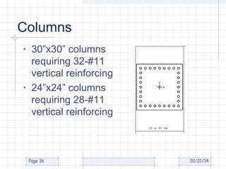 Columns
• 30”x30” columns

requiring 32-#11
vertical reinforcing
• 24”x24” columns
requiring 28-#11
vertical reinforcing

Page 16

01/21/14

 