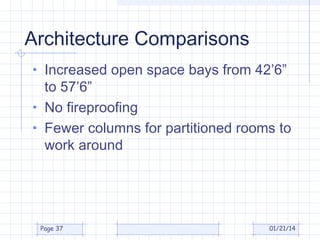 Architecture Comparisons
• Increased open space bays from 42’6”

to 57’6”
• No fireproofing
• Fewer columns for partitioned rooms to
work around

Page 37

01/21/14

 