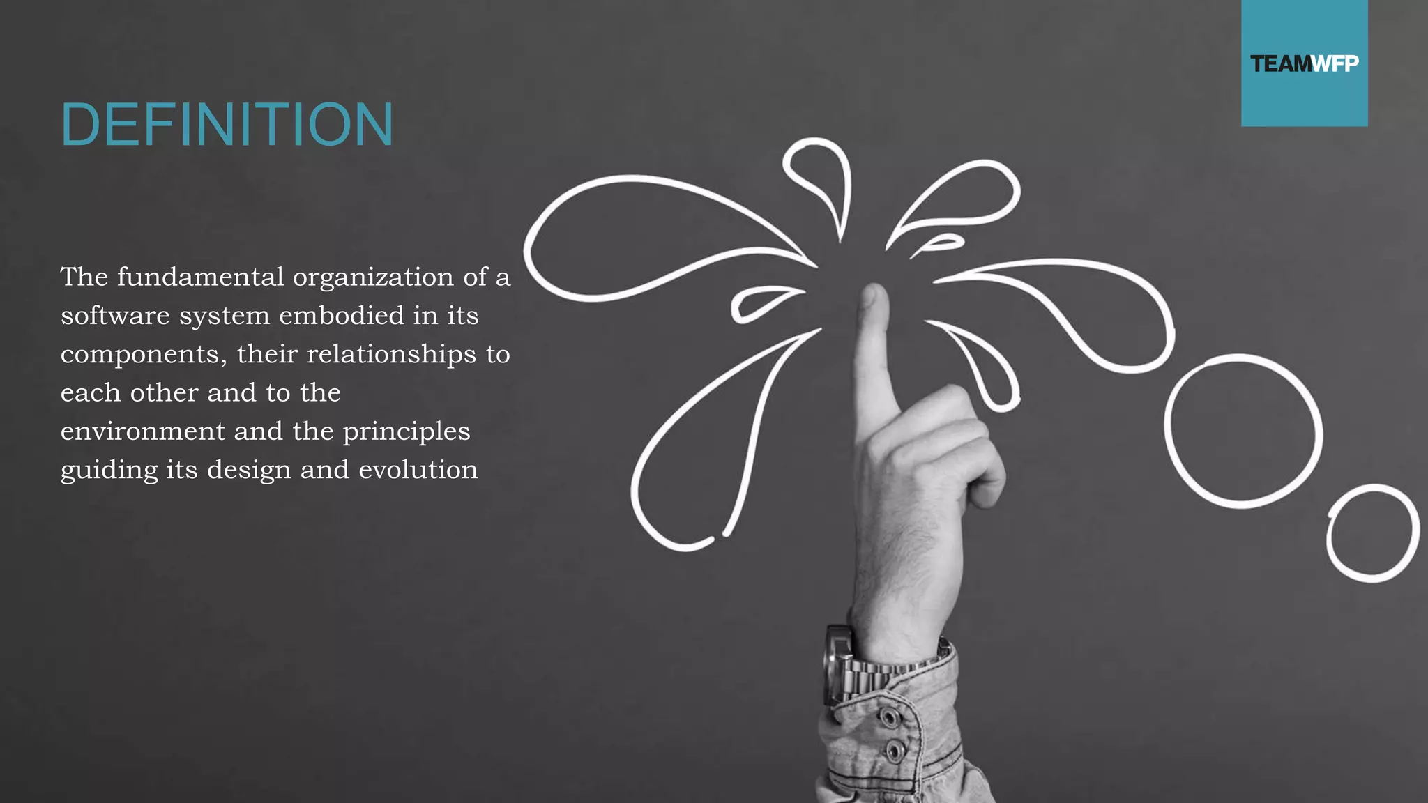 The fundamental organization of a
software system embodied in its
components, their relationships to
each other and to the
environment and the principles
guiding its design and evolution
DEFINITION
 