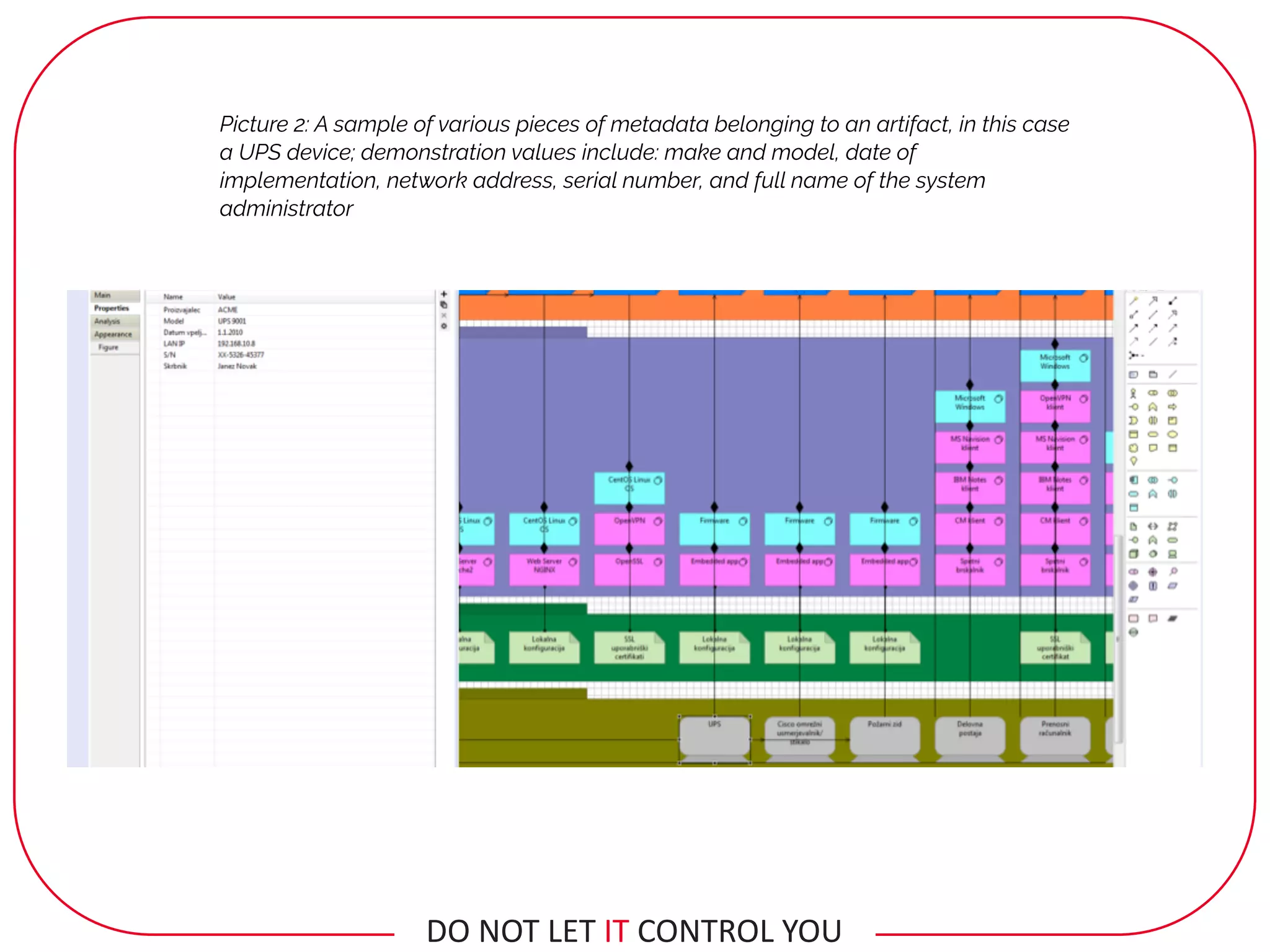 Picture 2: A sample of various pieces of metadata belonging to an artifact, in this case
a UPS device; demonstration values include: make and model, date of
implementation, network address, serial number, and full name of the system
administrator
DO	NOT	LET	IT	CONTROL	YOU
 
