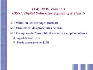 (1.4) RNIS, couche 3
-DSS1: Digital Subscriber Signalling System 1-
❑ Définition des messages (format)
❑ Déroulement des procédures de base
❑ Description de l'ensemble des services supplémentaires
❑ Appel de base RNIS
❑ Fin de communication RNIS
 