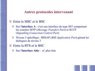 Autres protocoles intervenant
❑ Entre le MSC et le BSC
❑ Sur l'interface A : c'est une interface de type SS7 comportant
les couches MTP (Message Transfert Part) et SCCP
(Signalling Connection Control Part)
❑ Niveau 3 spécifique : BSSAP (BSS Application Part) gérant les
dialogues de niveau 3
❑ Entre la BTS et le BSC
❑ Sur l'interface Abis : cf. plus loin
 