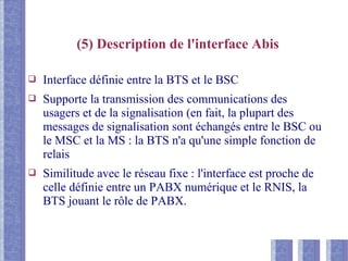 (5) Description de l'interface Abis
❑ Interface définie entre la BTS et le BSC
❑ Supporte la transmission des communications des
usagers et de la signalisation (en fait, la plupart des
messages de signalisation sont échangés entre le BSC ou
le MSC et la MS : la BTS n'a qu'une simple fonction de
relais
❑ Similitude avec le réseau fixe : l'interface est proche de
celle définie entre un PABX numérique et le RNIS, la
BTS jouant le rôle de PABX.
 