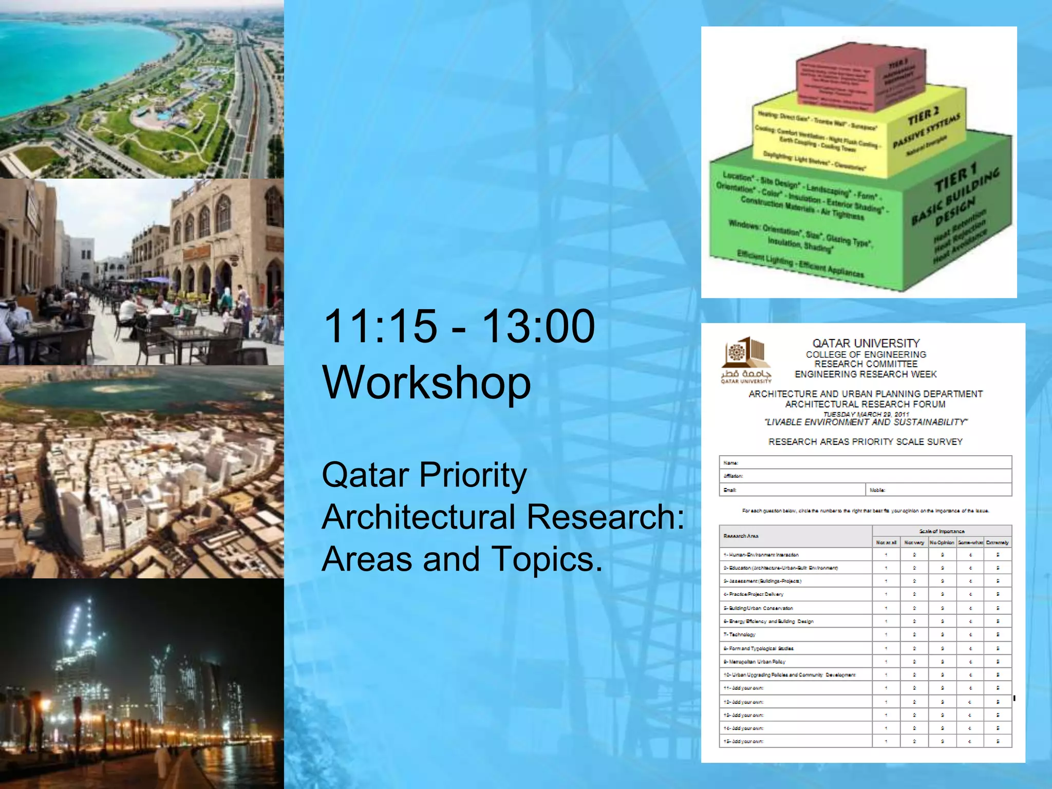 11:15 - 13:00 WorkshopQatar Priority Architectural Research: Areas and Topics.