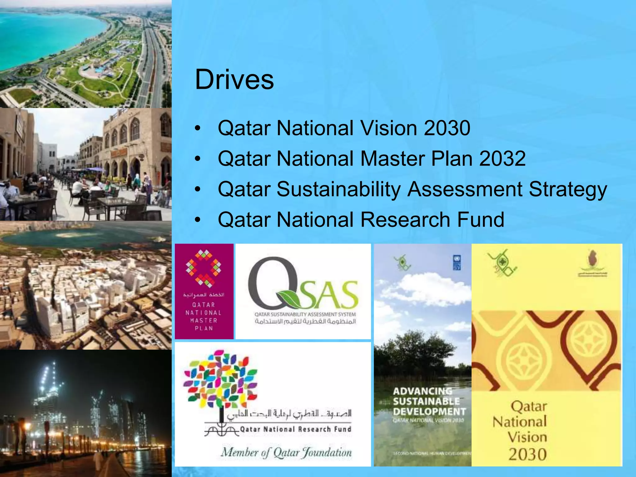 DrivesQatar National Vision 2030Qatar National Master Plan 2032Qatar Sustainability Assessment StrategyQatar National Research Fund