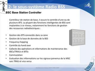2- le sous-système Radio BSS
BSC Base Station Controller
Contrôleur de station de base, il assure le contrôle d'une ou de
plusieurs BTS. La plupart des fonctions intelligentes de BSS sont
implantées à ce niveau, notamment les fonctions de gestion
des ressources radioélectriques :
•
•
•
•
•
•
•

Gestion des BTS connectés dans sa zone
Gestion de la base de données de la BSS
Frequency hopping
Contrôle du hand over
Collecte des opérations et informations de maintenance des
BSCs/TRAUs et BTSs
Commutation
Evaluation des informations sur les signaux parvenus de la MSC
vars TRAU et vice versa
Architecture réseau GSM 2008-2009

11

 