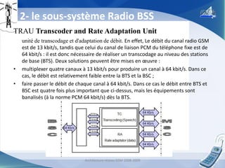 2- le sous-système Radio BSS
TRAU Transcoder and Rate Adaptation Unit

•
•

unité de transcodage et d'adaptation de débit. En effet, Le débit du canal radio GSM
est de 13 kbit/s, tandis que celui du canal de liaison PCM du téléphone fixe est de
64 kbit/s : il est donc nécessaire de réaliser un transcodage au niveau des stations
de base (BTS). Deux solutions peuvent être mises en œuvre :
multiplexer quatre canaux à 13 kbit/s pour produire un canal à 64 kbit/s. Dans ce
cas, le débit est relativement faible entre la BTS et la BSC ;
faire passer le débit de chaque canal à 64 kbit/s. Dans ce cas le débit entre BTS et
BSC est quatre fois plus important que ci-dessus, mais les équipements sont
banalisés (à la norme PCM 64 kbit/s) dès la BTS.

Architecture réseau GSM 2008-2009

13

 
