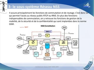 3- le sous-système Réseau NSS
Il assure principalement les fonctions de commutation et de routage. C'est donc lui
qui permet l'accès au réseau public RTCP ou RNIS. En plus des fonctions
indispensables de commutation, on y retrouve les fonctions de gestion de la
mobilité, de la sécurité et de la confidentialité qui sont implantées dans la norme
GSM.

Architecture réseau GSM 2008-2009

14

 