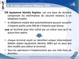3- le sous-système Réseau NSS
EIR Equipment Identity Register, est une base de données
comportant les informations de sécurité relatives à un
téléphone mobile.
• le téléphone mobile doit potentiellement pouvoir accueillir
n'importe quelle carte SIM de n'importe quel réseau.
un terminal peut être utilisé par un voleur sans qu'il ne
puisse être repéré.
• chaque terminal reçoit un identifant unique (International
Mobile station Equipment Identity, IMEI) qui ne peut pas
être modifé sans altérer le terminal.
• Tous les opérateurs n'implémentent pas une telle base de
données.
Architecture réseau GSM 2008-2009

19

 