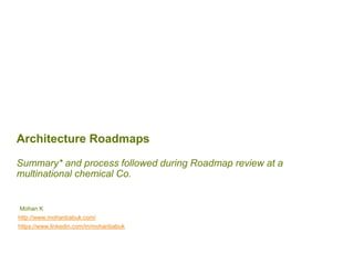 Architecture Roadmaps
Best practices for reconciling Architecture roadmaps
across domains
Mohan K
http://www.mohanbabuk.com/
https://www.linkedin.com/in/mohanbabuk
 
