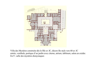 Villa des Mystères construite dès le IIIe av JC, décors IIe style vers 60 av JC
entrée, vestibule, portique d’un jardin avec citerne, atrium, tablinum, salon en exèdre
En 9 : salle des mystères dionysiaques
 