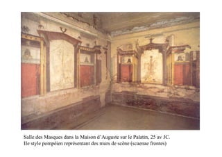 Salle des Masques dans la Maison d’Auguste sur le Palatin, 25 av JC.
IIe style pompéien représentant des murs de scène (scaenae frontes)
 