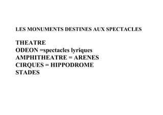 LES MONUMENTS DESTINES AUX SPECTACLES

THEATRE
ODEON =spectacles lyriques
AMPHITHEATRE = ARENES
CIRQUES = HIPPODROME
STADES
 