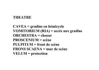 THEATRE

CAVEA = gradins en hémicycle
VOMITORIUM (RIA) = accès aux gradins
ORCHESTRA = choeur
PROSCENIUM = scène
PULPITUM = front de scène
FRONS SCAENA = mur de scène
VELUM = protection
 