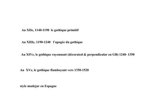 Au XIIe, 1140-1190 le gothique primitif


 Au XIIIe, 1190-1240 l’apogée du gothique


Au XIVe, le gothique rayonnant (décorated & perpendicular en GB) 1240- 1350



Au XVe, le gothique flamboyant vers 1350-1520



style mudejar en Espagne
 