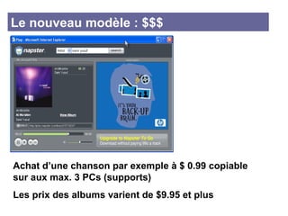 Le nouveau modèle : $$$ Achat d’une chanson par exemple à $ 0.99 copiable sur aux max. 3 PCs (supports) Les prix des albums varient de $9.95 et plus 