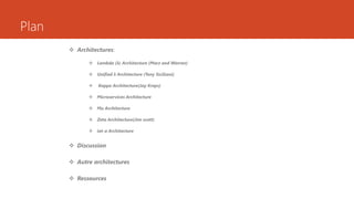 Plan
 Architectures:
 Lambda (λ) Architecture (Marz and Warren)
 Unified λ Architecture (Tony Siciliani)
 Kappa Architecture(Jay Kreps)
 Microservices Architecture
 Mu Architecture
 Zeta Architecture(Jim scott)
 iot-a Architecture
 Discussion
 Autre architectures
 Ressources
 