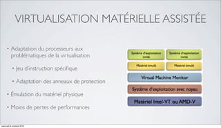 VIRTUALISATION MATÉRIELLE ASSISTÉE

     •   Adaptation du processeurs aux
         problématiques de la virtualisation

          •   Jeu d’instruction spéciﬁque

          •   Adaptation des anneaux de protection

     •   Émulation du matériel physique

     •   Moins de pertes de performances


mercredi 6 octobre 2010
 