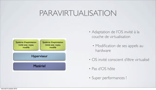 PARAVIRTUALISATION

                                     •   Adaptation de l’OS invité à la
                                         couche de virtualisation

                                         •   Modiﬁcation de ses appels au
                                             hardware

                                     •   OS invité conscient d’être virtualisé

                                     •   Pas d’OS hôte

                                     •   Super performances !

mercredi 6 octobre 2010
 