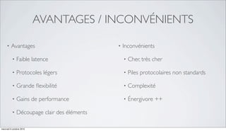 AVANTAGES / INCONVÉNIENTS

     •   Avantages                           •   Inconvénients

          •   Faible latence                     •   Cher, très cher

          •   Protocoles légers                  •   Piles protocolaires non standards

          •   Grande ﬂexibilité                  •   Complexité

          •   Gains de performance               •   Énergivore ++

          •   Découpage clair des éléments

mercredi 6 octobre 2010
 