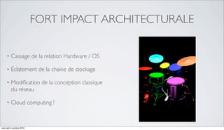 FORT IMPACT ARCHITECTURALE

     •   Cassage de la relation Hardware / OS

     •   Éclatement de la chaine de stockage

     •   Modiﬁcation de la conception classique
         du réseau

     •   Cloud computing !



mercredi 6 octobre 2010
 
