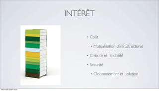 INTÉRÊT

                               •   Coût

                                   •   Mutualisation d’infrastructures

                               •   Criticité et ﬂexibilité

                               •   Sécurité

                                   •   Cloisonnement et isolation


mercredi 6 octobre 2010
 