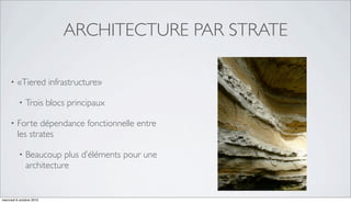 ARCHITECTURE PAR STRATE

     •   «Tiered infrastructure»

          •   Trois blocs principaux

     •   Forte dépendance...