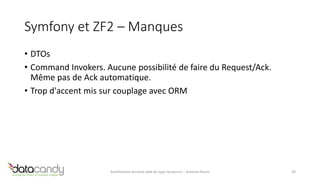 Symfony et ZF2 – Manques 
• DTOs 
• Command Invokers. Aucune possibilité de faire du Request/Ack. 
Même pas de Ack automatique. 
• Trop d'accent mis sur couplage avec ORM 
Architecture services web de type ressource – Antoine Pouch 39 
 