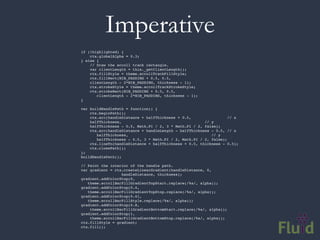 Imperative
if (!highlighted) {
    ctx.globalAlpha = 0.3;
} else {
    // Draw the scroll track rectangle.
    var clientLength = this._getClientLength();
    ctx.fillStyle = theme.scrollTrackFillStyle;
    ctx.fillRect(NIB_PADDING + 0.5, 0.5,
    clientLength - 2*NIB_PADDING, thickness - 1);
    ctx.strokeStyle = theme.scrollTrackStrokeStyle;
    ctx.strokeRect(NIB_PADDING + 0.5, 0.5,
       clientLength - 2*NIB_PADDING, thickness - 1);
}

var buildHandlePath = function() {
    ctx.beginPath();
    ctx.arc(handleDistance + halfThickness + 0.5,                 // x
    halfThickness,                                     // y
    halfThickness - 0.5, Math.PI / 2, 3 * Math.PI / 2, false);
    ctx.arc(handleDistance + handleLength - halfThickness - 0.5, // x
       halfThickness,                                     // y
       halfThickness - 0.5, 3 * Math.PI / 2, Math.PI / 2, false);
    ctx.lineTo(handleDistance + halfThickness + 0.5, thickness - 0.5);
    ctx.closePath();
};
buildHandlePath();

// Paint the interior of the handle path.
var gradient = ctx.createLinearGradient(handleDistance, 0,
                  handleDistance, thickness);
gradient.addColorStop(0,
   theme.scrollBarFillGradientTopStart.replace(/%a/, alpha));
gradient.addColorStop(0.4,
   theme.scrollBarFillGradientTopStop.replace(/%a/, alpha));
gradient.addColorStop(0.41,
   theme.scrollBarFillStyle.replace(/%a/, alpha));
gradient.addColorStop(0.8,
    theme.scrollBarFillGradientBottomStart.replace(/%a/, alpha));
gradient.addColorStop(1,
    theme.scrollBarFillGradientBottomStop.replace(/%a/, alpha));
ctx.fillStyle = gradient;
ctx.fill();
 