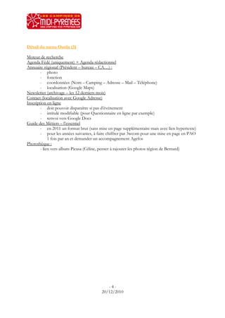 Détail du menu Outils (3)

Moteur de recherche
Agenda Fédé (uniquement) + Agenda rédactionnel
Annuaire régional (Président – bureau – CA…) :
        - photo
        - fonction
        - coordonnées (Nom – Camping – Adresse – Mail – Téléphone)
        - localisation (Google Maps)
Newsletter (archivage – les 12 derniers mois)
Contact (localisation avec Google Adresse)
Inscription en ligne
        - doit pouvoir disparaître si pas d’événement
        - intitulé modifiable (pour Questionnaire en ligne par exemple)
        - renvoi vers Google Docs
Guide des Métiers – l’essentiel
        - en 2011 un format brut (sans mise en page supplémentaire mais avec lien hypertexte)
        - pour les années suivantes, à faire chiffrer par 3wcom pour une mise en page en PAO
             1 fois par an et demander un accompagnement Agefos
Photothèque :
        - lien vers album Picasa (Céline, penser à rajouter les photos région de Bernard)




                                            -4-
                                         20/12/2010
 