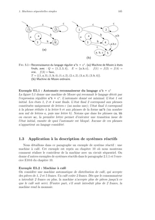 1. Machines s´equentielles simples 105
cc
a a
b
b
1 2
3 4
(a)
cc
a a
b
b
1 2
3 4
5
(b)
c
a,b
a, b, c
a,b,c
Fig. 5.1 – Reconnaissance du langage r´egulier a∗b + c∗. (a) Machine de Moore `a ´etats
ﬁnals, avec : Q = {1, 2, 3, 4}, E = {a, b, c}, f(1) = f(2) = f(4) =
vrai, f(3) = faux,
T = {(1, a, 3), (1, b, 4), (1, c, 2), (2, c, 2), (3, a, 3), (3, b, 4)}.
(b) Machine de Moore ordinaire.
Exemple E5.1 : Automate reconnaisseur du langage a∗
b + c∗
La ﬁgure 5.1 donne une machine de Moore qui reconnaˆıt le langage d´ecrit par
l’expression r´eguli`ere a∗
b + c∗
. L’automate donn´e est minimal. L’´etat 1 est
initial. Les ´etats 1, 2 et 4 sont ﬁnals. L’´etat ﬁnal 2 correspond aux phrases
constitu´ees uniquement de lettres c (au moins une) ; l’´etat ﬁnal 4 correspond
`a la phrase r´eduite `a la lettre b et aux phrases de la forme aa∗
b (un nombre
non nul de lettres a, puis une lettre b). Notons que dans les phrases ca, bb
ou encore ac, la premi`ere lettre permet d’ex´ecuter une transition issue de
l’´etat initial, ensuite de quoi l’automate est bloqu´e. Aucune de ces phrases
n’appartient au langage consid´er´e.
1.3 Application `a la description de syst`emes r´eactifs
Nous d´etaillons dans ce paragraphe un exemple de syst`eme r´eactif : une
machine `a caf´e. Cet exemple est repris au chapitre 10 o`u nous montrons
comment r´ealiser le contrˆoleur de la machine avec un circuit s´equentiel. On
donne d’autres exemples de syst`emes r´eactifs dans le paragraphe 2.1.1 et l’exer-
cice E10.6 du chapitre 10.
Exemple E5.2 : Machine `a caf´e
On consid`ere une machine automatique de distribution de caf´e, qui accepte
des pi`eces de 1, 2 et 5 francs. Un caf´e coˆute 2 francs. D`es que le consommateur
a introduit 2 francs ou plus, la machine n’accepte plus de pi`eces jusqu’`a ce
que le caf´e soit servi. D’autre part, s’il avait introduit plus de 2 francs, la
machine rend la monnaie.
 