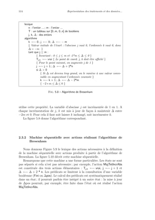 114 Repr´esentation des traitements et des donn´ees...
lexique
n : l’entier ... ; m : l’entier ...
T : un tableau sur [0..m, 0..n] de bool´eens
j, k, ∆ : des entiers
algorithme
k ←− 0 ; j ←− 0 ; ∆ ←− − m
{ Valeur initiale de l’´ecart : l’abscisse j vaut 0, l’ordonn´ee k vaut 0, donc
∆ = −m }
tant que j ≤ m :
{ Invariant : 0 ≤ j ≤ m et -2*m ≤ ∆ ≤ 0 }
Tj,k ←− vrai { Le point de coord. j, k doit ˆetre aﬃch´e }
{ Pour le point suivant, on augmente j de 1 }
j ←− j + 1 ; ∆ ←− ∆ + 2*n
si ∆ > 0
{ Si ∆ est devenu trop grand, on le ram`ene `a une valeur conve-
nable en augmentant l’ordonn´ee courante }
k ←− k + 1 ; ∆ ←− ∆ − 2*m
{ −2 ∗ m ≤ ∆ ≤ 0 }
Fig. 5.8 – Algorithme de Bresenham
utilise cette propri´et´e. La variable d’abscisse j est incr´ement´ee de 1 en 1. A
chaque incr´ementation de j, k est mis `a jour de fa¸con `a maintenir ∆ entre
−2m et 0. Pour cela il faut soit laisser k inchang´e, soit incr´ementer k.
La ﬁgure 5.8 donne l’algorithme correspondant.
2.3.2 Machine s´equentielle avec actions r´ealisant l’algorithme de
Bresenham
Nous donnons Figure 5.9 le lexique des actions n´ecessaires `a la d´eﬁnition
de la machine s´equentielle avec actions produite `a partir de l’algorithme de
Bresenham. La ﬁgure 5.10 d´ecrit cette machine s´equentielle.
Remarquons que cette machine a une forme particuli`ere. Les ´etats ne sont
pas s´epar´es si cela n’est pas n´ecessaire ; par exemple, l’action MajTetIncrAbs
est constitu´ee des trois actions ´el´ementaires : Tj,k ←− vrai, j ←− j + 1 et
∆ ←− ∆ + 2 * n. Les pr´edicats se limitent `a la consultation d’une variable
bool´eenne (Fini ou ∆pos). Le calcul des pr´edicats est syst´ematiquement r´ealis´e
dans un ´etat ; il pourrait parfois ˆetre int´egr´e `a un autre ´etat : la mise `a jour
de ∆pos pourrait, par exemple, ˆetre faite dans l’´etat o`u est r´ealis´e l’action
MajTetIncrAbs.
 