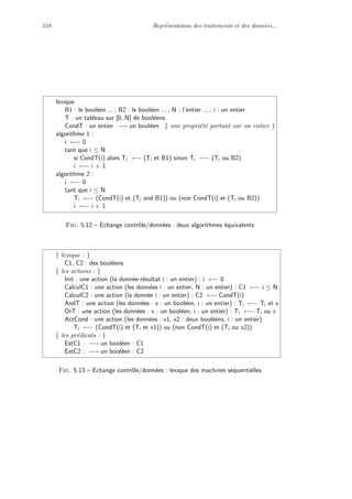 118 Repr´esentation des traitements et des donn´ees...
lexique
B1 : le bool´een ... ; B2 : le bool´een ... ; N : l’entier ... ; i : un entier
T : un tableau sur [0..N] de bool´eens
CondT : un entier −→ un bool´een { une propri´et´e portant sur un entier }
algorithme 1 :
i ←− 0
tant que i ≤ N
si CondT(i) alors Ti ←− (Ti et B1) sinon Ti ←− (Ti ou B2)
i ←− i + 1
algorithme 2 :
i ←− 0
tant que i ≤ N
Ti ←− (CondT(i) et (Ti and B1)) ou (non CondT(i) et (Ti ou B2))
i ←− i + 1
Fig. 5.12 – Echange contrˆole/donn´ees : deux algorithmes ´equivalents
{ lexique : }
C1, C2 : des bool´eens
{ les actions : }
Init : une action (la donn´ee-r´esultat i : un entier) : i ←− 0
CalculC1 : une action (les donn´ees i : un entier, N : un entier) : C1 ←− i ≤ N
CalculC2 : une action (la donn´ee i : un entier) : C2 ←− CondT(i)
AndT : une action (les donn´ees : x : un bool´een, i : un entier) : Ti ←− Ti et x
OrT : une action (les donn´ees : x : un bool´een, i : un entier) : Ti ←− Ti ou x
ActCond : une action (les donn´ees : x1, x2 : deux bool´eens, i : un entier)
Ti ←− (CondT(i) et (Ti et x1)) ou (non CondT(i) et (Ti ou x2))
{ les pr´edicats : }
EstC1 : −→ un bool´een : C1
EstC2 : −→ un bool´een : C2
Fig. 5.13 – Echange contrˆole/donn´ees : lexique des machines s´equentielles
 