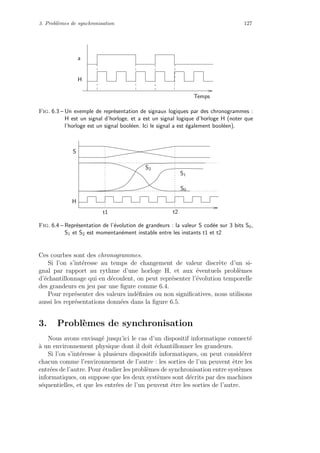 3. Probl`emes de synchronisation 127
Temps
H
a
Fig. 6.3 – Un exemple de repr´esentation de signaux logiques par des chronogrammes :
H est un signal d’horloge, et a est un signal logique d’horloge H (noter que
l’horloge est un signal bool´een. Ici le signal a est ´egalement bool´een).
H
S
S0
t2t1
S2
S1
Fig. 6.4 – Repr´esentation de l’´evolution de grandeurs : la valeur S cod´ee sur 3 bits S0,
S1 et S2 est momentan´ement instable entre les instants t1 et t2
Ces courbes sont des chronogrammes.
Si l’on s’int´eresse au temps de changement de valeur discr`ete d’un si-
gnal par rapport au rythme d’une horloge H, et aux ´eventuels probl`emes
d’´echantillonnage qui en d´ecoulent, on peut repr´esenter l’´evolution temporelle
des grandeurs en jeu par une ﬁgure comme 6.4.
Pour repr´esenter des valeurs ind´eﬁnies ou non signiﬁcatives, nous utilisons
aussi les repr´esentations donn´ees dans la ﬁgure 6.5.
3. Probl`emes de synchronisation
Nous avons envisag´e jusqu’ici le cas d’un dispositif informatique connect´e
`a un environnement physique dont il doit ´echantillonner les grandeurs.
Si l’on s’int´eresse `a plusieurs dispositifs informatiques, on peut consid´erer
chacun comme l’environnement de l’autre : les sorties de l’un peuvent ˆetre les
entr´ees de l’autre. Pour ´etudier les probl`emes de synchronisation entre syst`emes
informatiques, on suppose que les deux syst`emes sont d´ecrits par des machines
s´equentielles, et que les entr´ees de l’un peuvent ˆetre les sorties de l’autre.
 