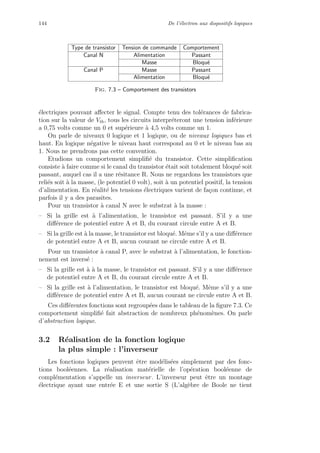 144 De l’´electron aux dispositifs logiques
Type de transistor Tension de commande Comportement
Canal N Alimentation Passant
Masse Bloqu´e
Canal P Masse Passant
Alimentation Bloqu´e
Fig. 7.3 – Comportement des transistors
´electriques pouvant aﬀecter le signal. Compte tenu des tol´erances de fabrica-
tion sur la valeur de Vth, tous les circuits interpr´eteront une tension inf´erieure
a 0,75 volts comme un 0 et sup´erieure `a 4,5 volts comme un 1.
On parle de niveaux 0 logique et 1 logique, ou de niveaux logiques bas et
haut. En logique n´egative le niveau haut correspond au 0 et le niveau bas au
1. Nous ne prendrons pas cette convention.
Etudions un comportement simpliﬁ´e du transistor. Cette simpliﬁcation
consiste `a faire comme si le canal du transistor ´etait soit totalement bloqu´e soit
passant, auquel cas il a une r´esitance R. Nous ne regardons les transistors que
reli´es soit `a la masse, (le potentiel 0 volt), soit `a un potentiel positif, la tension
d’alimentation. En r´ealit´e les tensions ´electriques varient de fa¸con continue, et
parfois il y a des parasites.
Pour un transistor `a canal N avec le substrat `a la masse :
– Si la grille est `a l’alimentation, le transistor est passant. S’il y a une
diﬀ´erence de potentiel entre A et B, du courant circule entre A et B.
– Si la grille est `a la masse, le transistor est bloqu´e. Mˆeme s’il y a une diﬀ´erence
de potentiel entre A et B, aucun courant ne circule entre A et B.
Pour un transistor `a canal P, avec le substrat `a l’alimentation, le fonction-
nement est invers´e :
– Si la grille est `a `a la masse, le transistor est passant. S’il y a une diﬀ´erence
de potentiel entre A et B, du courant circule entre A et B.
– Si la grille est `a l’alimentation, le transistor est bloqu´e. Mˆeme s’il y a une
diﬀ´erence de potentiel entre A et B, aucun courant ne circule entre A et B.
Ces diﬀ´erentes fonctions sont regroup´ees dans le tableau de la ﬁgure 7.3. Ce
comportement simpliﬁ´e fait abstraction de nombreux ph´enom`enes. On parle
d’abstraction logique.
3.2 R´ealisation de la fonction logique
la plus simple : l’inverseur
Les fonctions logiques peuvent ˆetre mod´elis´ees simplement par des fonc-
tions bool´eennes. La r´ealisation mat´erielle de l’op´eration bool´eenne de
compl´ementation s’appelle un inverseur. L’inverseur peut ˆetre un montage
´electrique ayant une entr´ee E et une sortie S (L’alg`ebre de Boole ne tient
 
