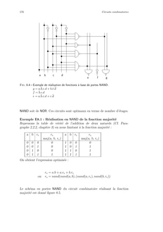 170 Circuits combinatoires
e f g
a b dc
Fig. 8.4 – Exemple de r´ealisation de fonctions `a base de portes NAND.
g = a.b.c.d + b.c.d
f = b.c.d
e = a.b.c.d + c.d
NAND soit de NOR. Ces circuits sont optimaux en terme de nombre d’´etages.
Exemple E8.1 : R´ealisation en NAND de la fonction majorit´e
Reprenons la table de v´erit´e de l’addition de deux naturels (Cf. Para-
graphe 2.2.2, chapitre 3) en nous limitant `a la fonction majorit´e :
a b re rs a b re rs
maj(a, b, re) maj(a, b, re)
0 0 0 0 1 0 0 0
0 0 1 0 1 0 1 1
0 1 0 0 1 1 0 1
0 1 1 1 1 1 1 1
On obtient l’expression optimis´ee :
rs = a.b + a.re + b.re
ou rs = nand(nand(a, b), (nand(a, re), nand(b, re))
Le sch´ema en portes NAND du circuit combinatoire r´ealisant la fonction
majorit´e est donn´e ﬁgure 8.5.
 