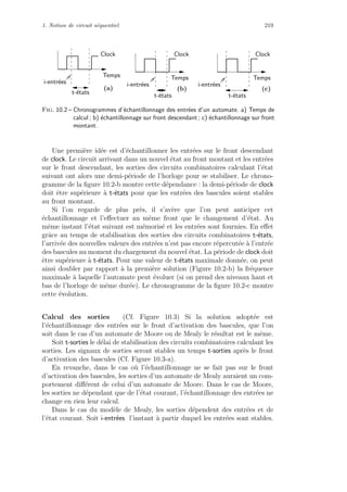 1. Notion de circuit s´equentiel 219
Temps
Clock
i-entr´ees
t-´etats
t-´etats
i-entr´ees
Clock Clock
Temps
t-´etats
i-entr´ees
(a) (b) (c)
Temps
Fig. 10.2 – Chronogrammes d’´echantillonnage des entr´ees d’un automate. a) Temps de
calcul ; b) ´echantillonnage sur front descendant ; c) ´echantillonnage sur front
montant.
Une premi`ere id´ee est d’´echantillonner les entr´ees sur le front descendant
de clock. Le circuit arrivant dans un nouvel ´etat au front montant et les entr´ees
sur le front descendant, les sorties des circuits combinatoires calculant l’´etat
suivant ont alors une demi-p´eriode de l’horloge pour se stabiliser. Le chrono-
gramme de la ﬁgure 10.2-b montre cette d´ependance : la demi-p´eriode de clock
doit ˆetre sup´erieure `a t-´etats pour que les entr´ees des bascules soient stables
au front montant.
Si l’on regarde de plus pr`es, il s’av`ere que l’on peut anticiper cet
´echantillonnage et l’eﬀectuer au mˆeme front que le changement d’´etat. Au
mˆeme instant l’´etat suivant est m´emoris´e et les entr´ees sont fournies. En eﬀet
grˆace au temps de stabilisation des sorties des circuits combinatoires t-´etats,
l’arriv´ee des nouvelles valeurs des entr´ees n’est pas encore r´epercut´ee `a l’entr´ee
des bascules au moment du chargement du nouvel ´etat. La p´eriode de clock doit
ˆetre sup´erieure `a t-´etats. Pour une valeur de t-´etats maximale donn´ee, on peut
ainsi doubler par rapport `a la premi`ere solution (Figure 10.2-b) la fr´equence
maximale `a laquelle l’automate peut ´evoluer (si on prend des niveaux haut et
bas de l’horloge de mˆeme dur´ee). Le chronogramme de la ﬁgure 10.2-c montre
cette ´evolution.
Calcul des sorties (Cf. Figure 10.3) Si la solution adopt´ee est
l’´echantillonnage des entr´ees sur le front d’activation des bascules, que l’on
soit dans le cas d’un automate de Moore ou de Mealy le r´esultat est le mˆeme.
Soit t-sorties le d´elai de stabilisation des circuits combinatoires calculant les
sorties. Les signaux de sorties seront stables un temps t-sorties apr`es le front
d’activation des bascules (Cf. Figure 10.3-a).
En revanche, dans le cas o`u l’´echantillonnage ne se fait pas sur le front
d’activation des bascules, les sorties d’un automate de Mealy auraient un com-
portement diﬀ´erent de celui d’un automate de Moore. Dans le cas de Moore,
les sorties ne d´ependant que de l’´etat courant, l’´echantillonnage des entr´ees ne
change en rien leur calcul.
Dans le cas du mod`ele de Mealy, les sorties d´ependent des entr´ees et de
l’´etat courant. Soit i-entr´ees l’instant `a partir duquel les entr´ees sont stables.
 